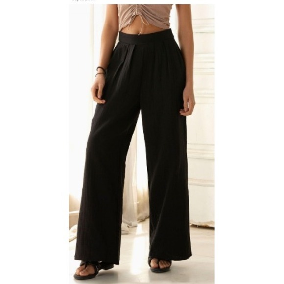 NOFLIK Black 100% Cotton Wide Leg Pants Smocked Waist Coastal Relaxed S NWT - Picture 2 of 15